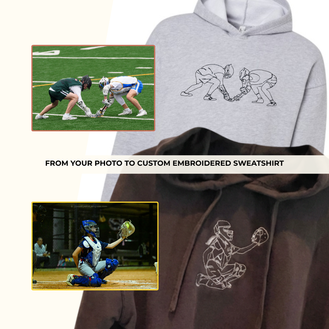 A custom embroidered lacrosse hoodie and a custom embroidered softball catcher hoodie. Two Insets display the original athlete photos which were used as the basis for the custom embroidered sports hoodies.