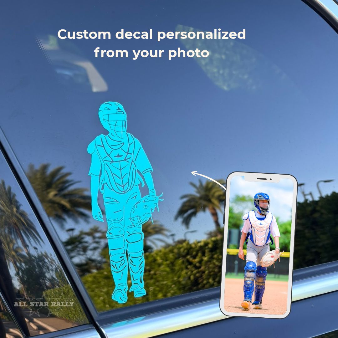 Custom decal of softball catcher applied to car window with inset of original photo used to design decal