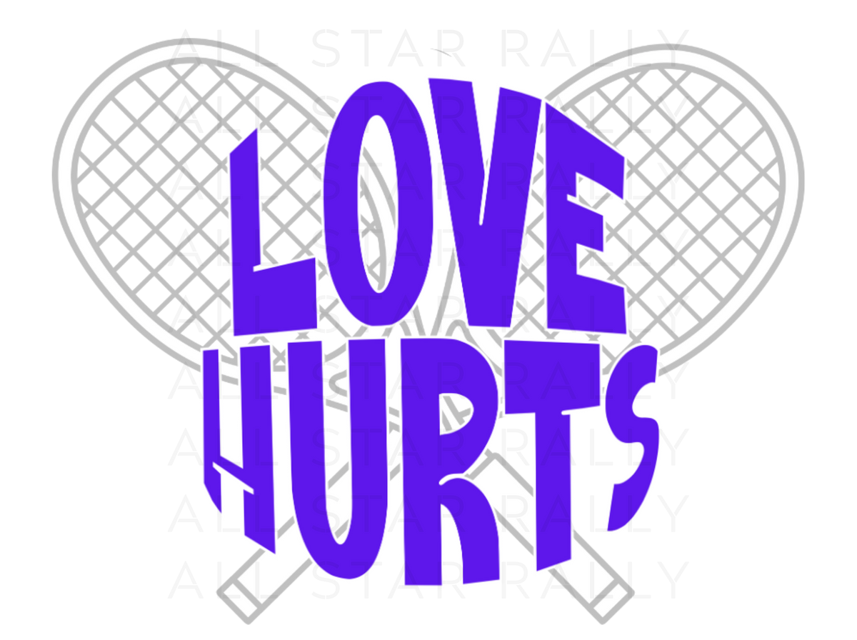 Tennis sticker of text "love hurts" overlaid on two tennis racquets