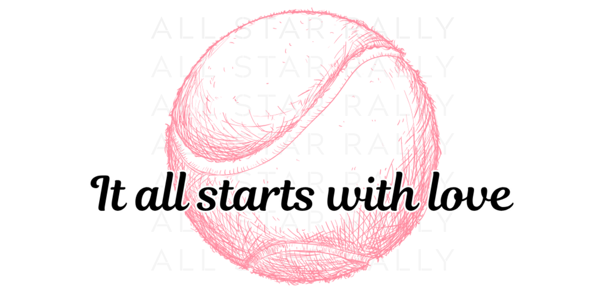 Tennis sticker of pink tennis ball with text "it all starts with love"