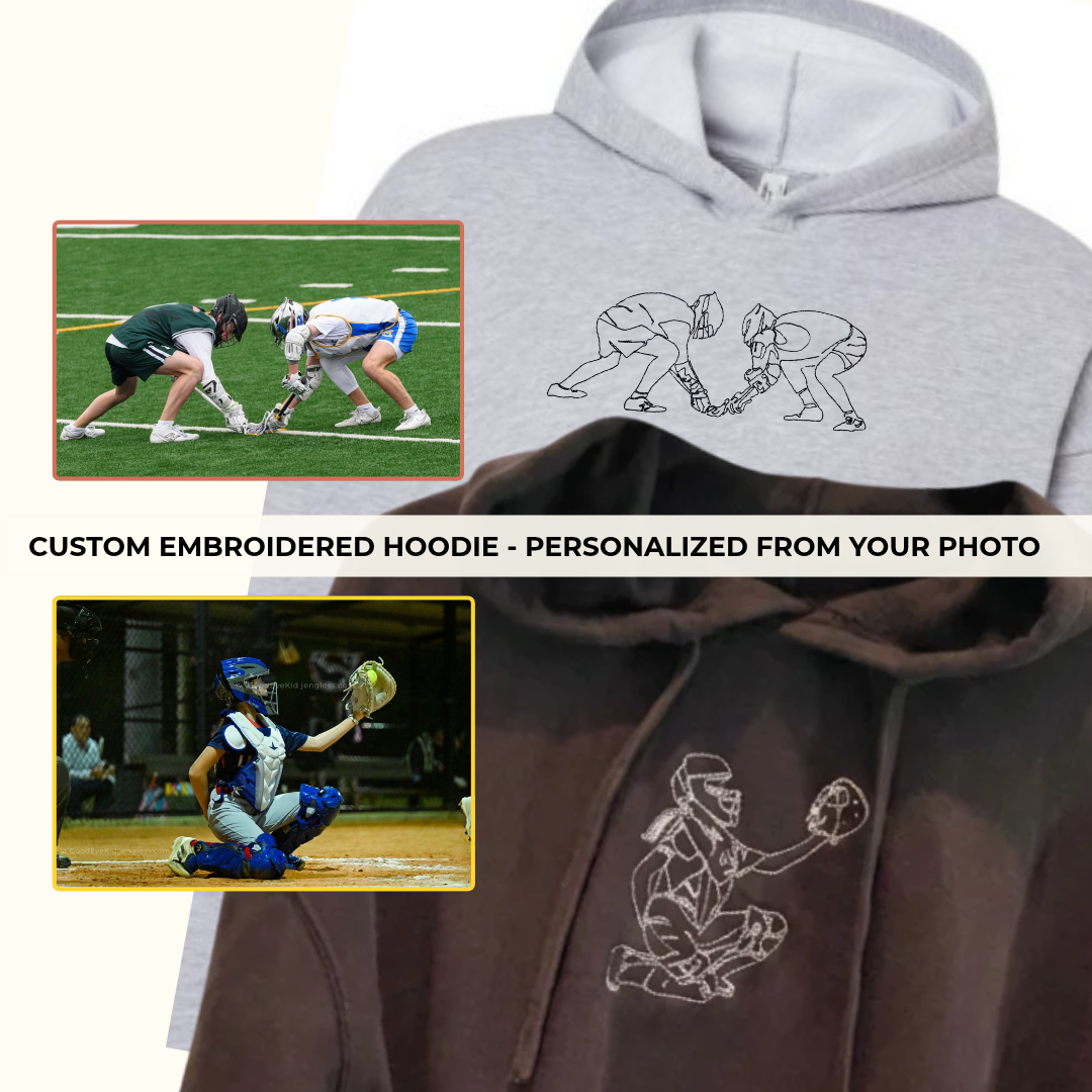 A light grey custom embroidered lacrosse hoodie and a black custom embroidered softball catcher hoodie.