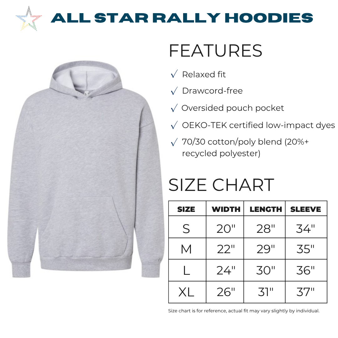 Heather gray pullover hoodie shown on a white background with product features listed and a size chart table for S, M, L, and XL.