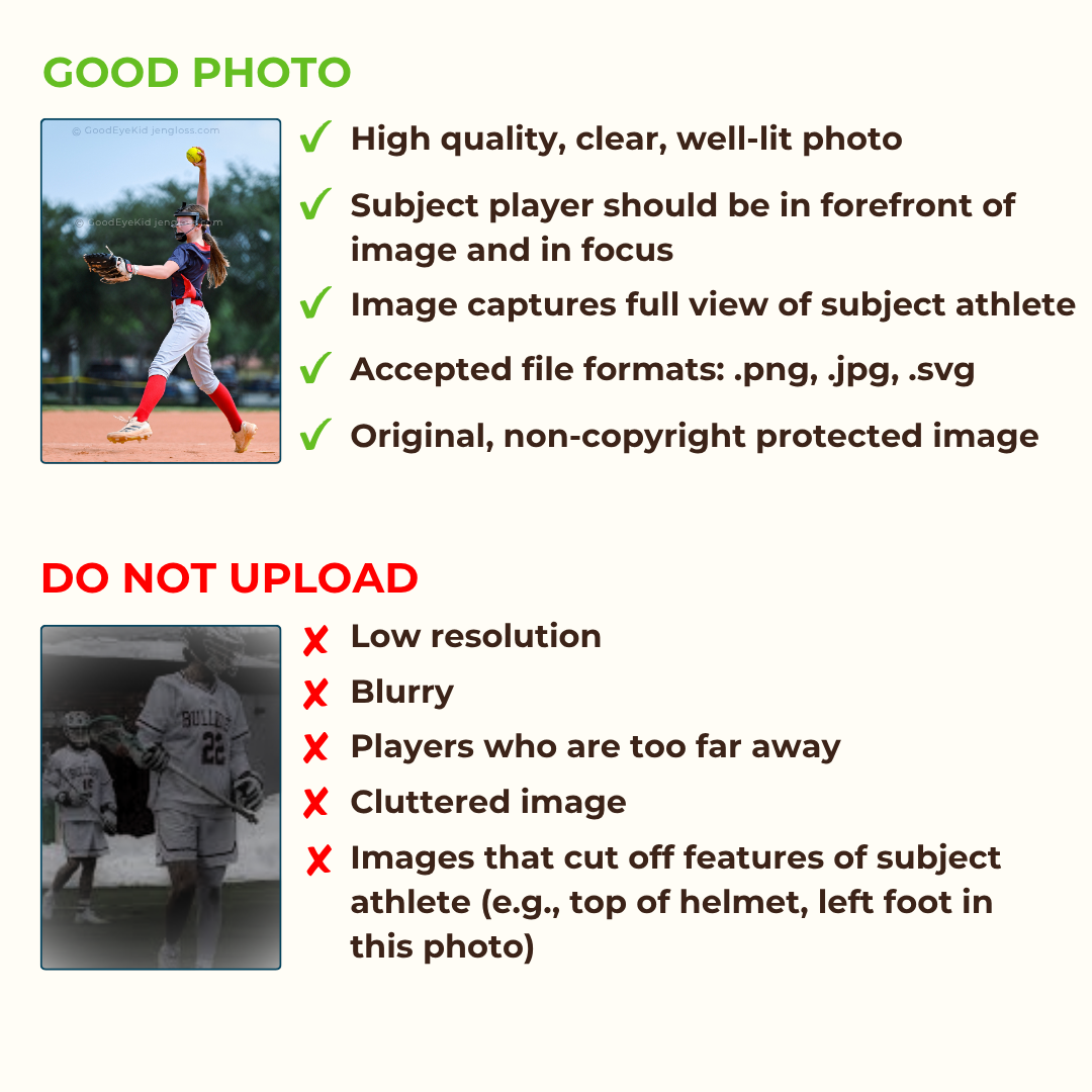 A digital graphic outlining guidelines for uploading player photos, with a section titled 'GOOD PHOTO' showing a softball player and a checklist of quality criteria, and a section titled 'DO NOT UPLOAD' listing photo quality issues with red X marks.