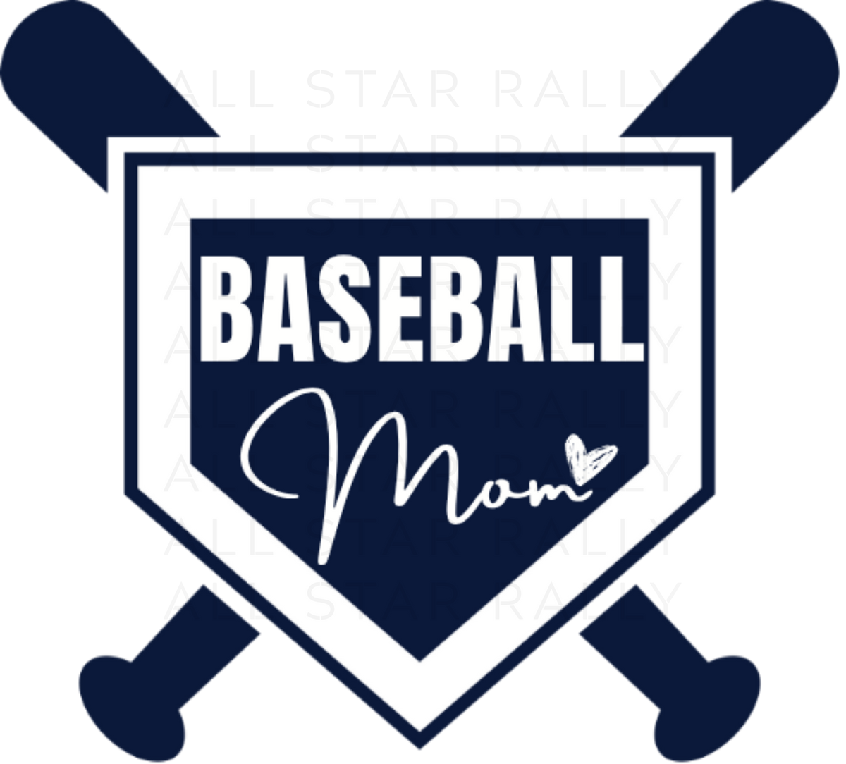 Baseball mom sticker with text "baseball mom" on top of home plate and bat design.