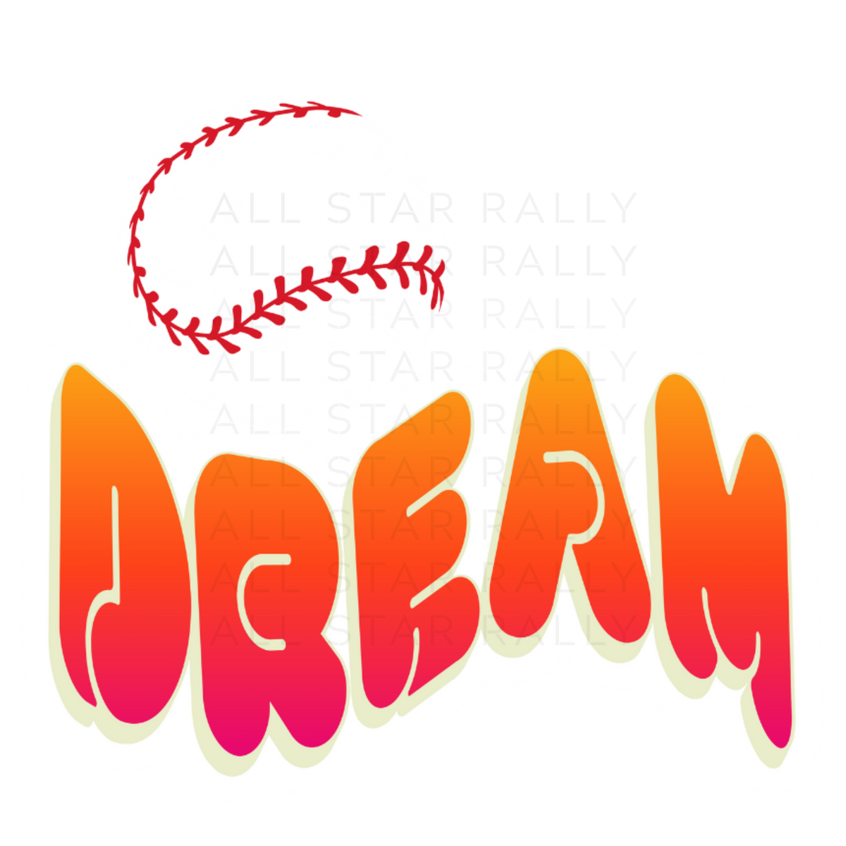 Baseball sticker with text "dream" below white baseball with red threads.