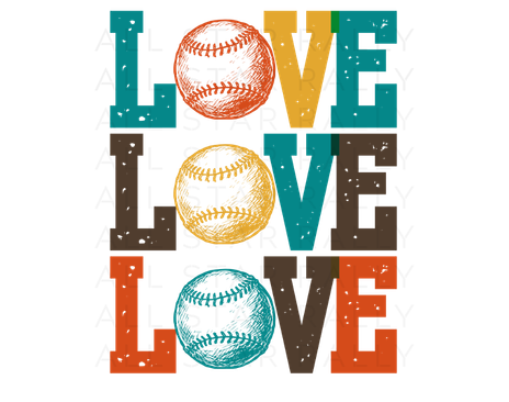 Multicolor baseball-themed sticker with text "Love Love Love" and a baseball outline in place of the "O".
