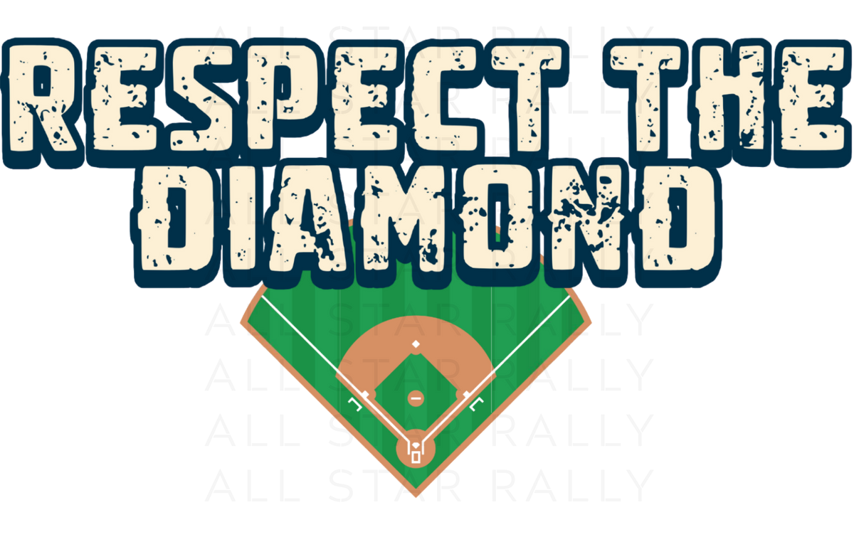 Baseball sticker with text "respect the diamond" overlaid on image of baseball field.