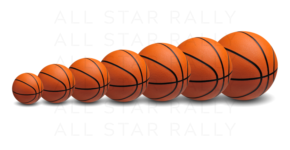 Basketball sticker with row of 7 basketballs from smallest to largest