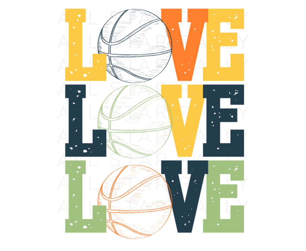 Basketball sticker with three stacked texts "Love", each in a different color.