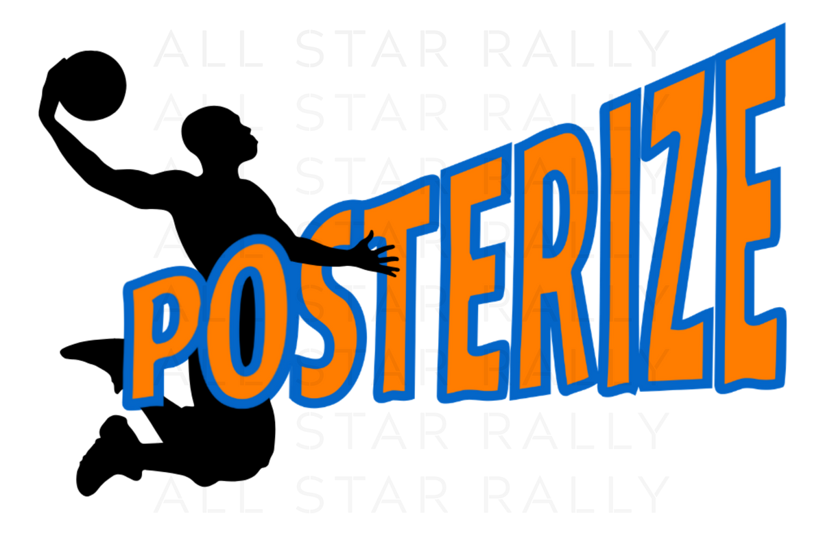 Basketball sticker of basketball player silhouette dunking ball with orange text "Posterize".