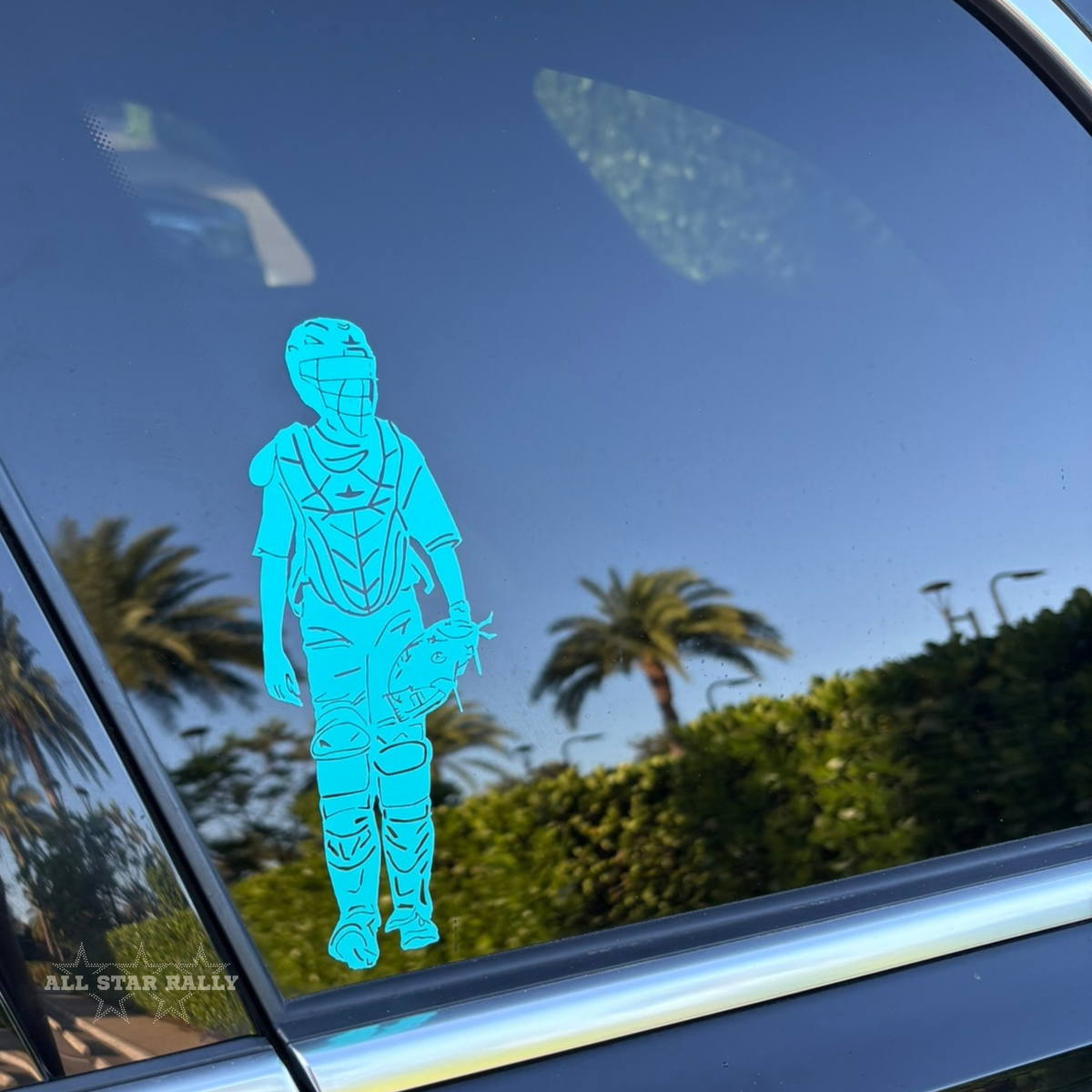 Personalized car sticker designed from softball photo and made from premium teal vinyl