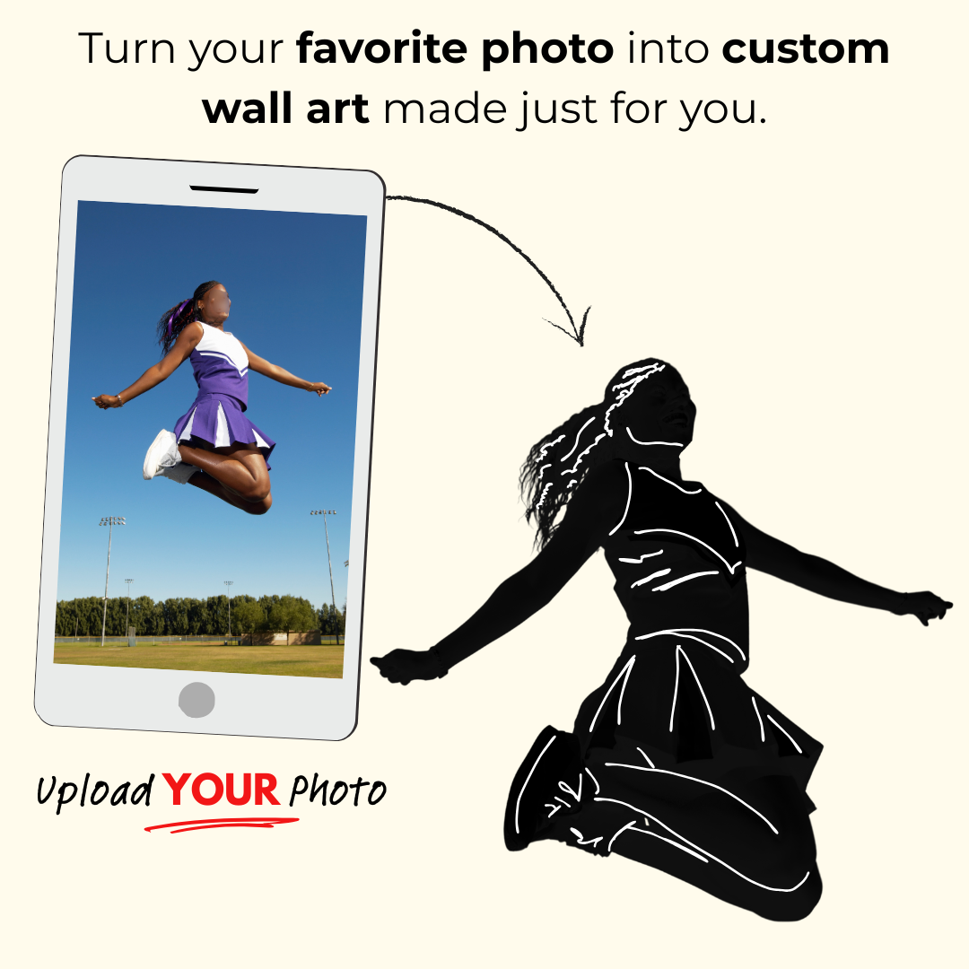 Promotional graphic illustrating custom wall art with a smartphone image of cheerleader smiling and jumping and a black & white silhouette of the same girl, with text that reads 'Turn your favorite photo into custom wall art made just for you' and 'Upload YOUR Photo'.