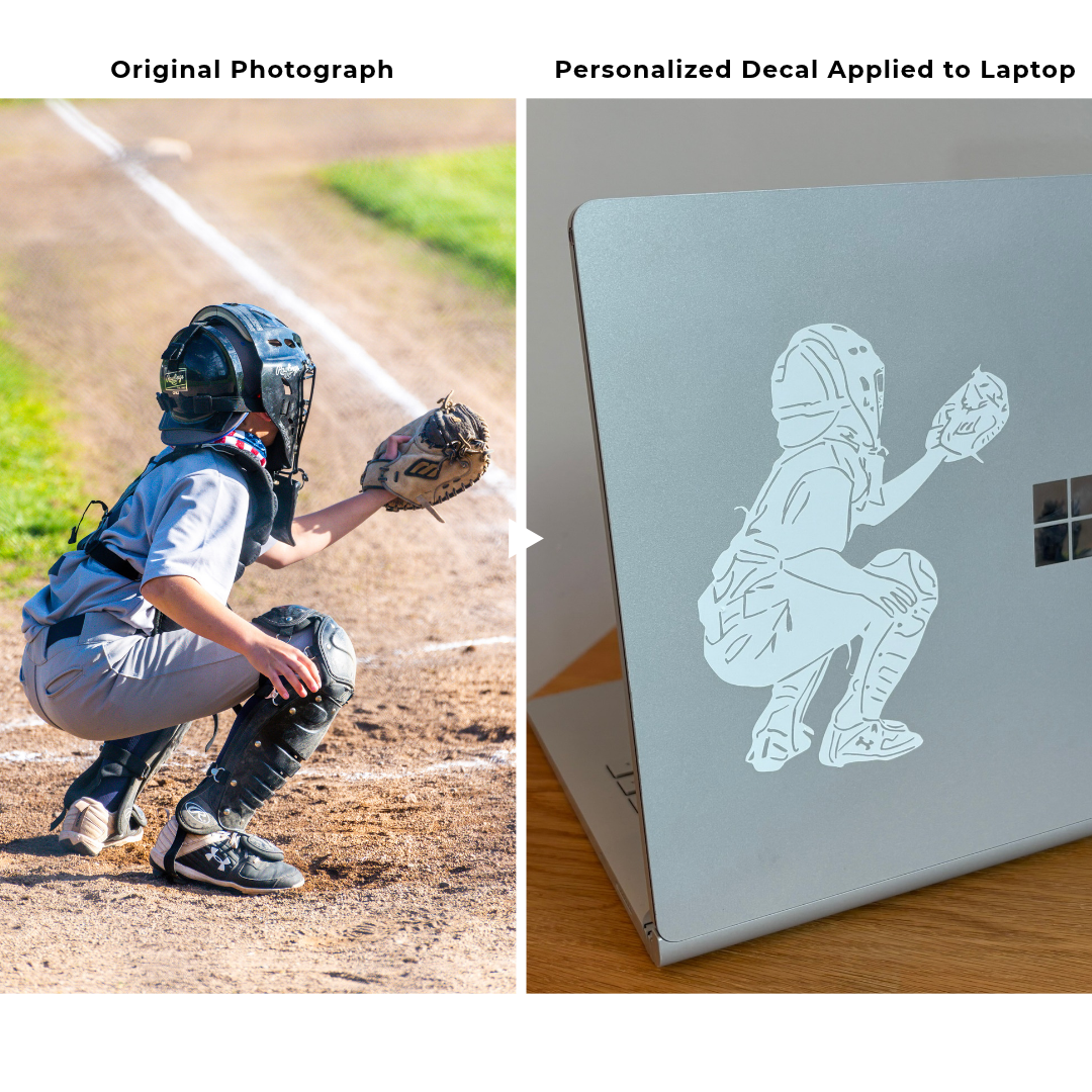 Photograph of youth baseball catcher and a custom-made white decal designed from the photo applied to a laptop.