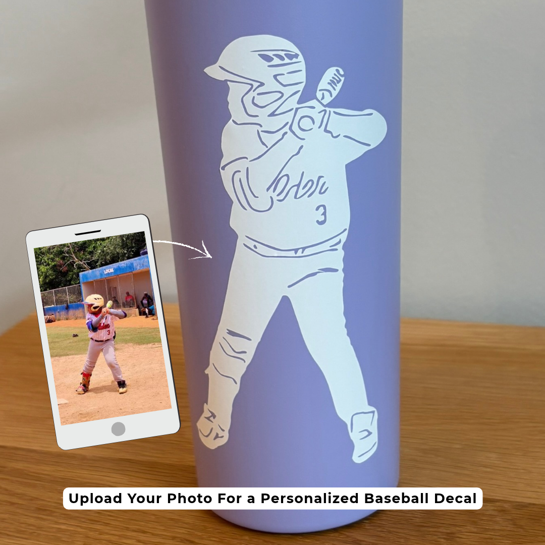 White baseball silhouette decal on bottle with inset of original photograph used to design personalized baseball player decal.