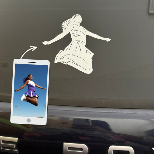 Custom white cheerleader decal applied to back of car with inset of original photograph used to design the decal.