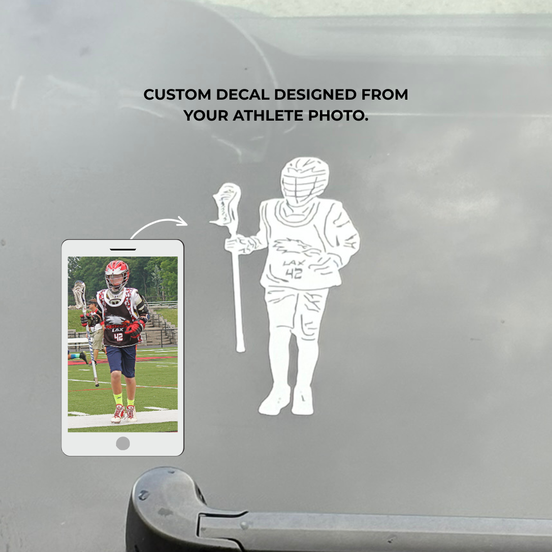 Custom car decal of lacrosse player and inset of original photograph used for personalized lacrosse player design.