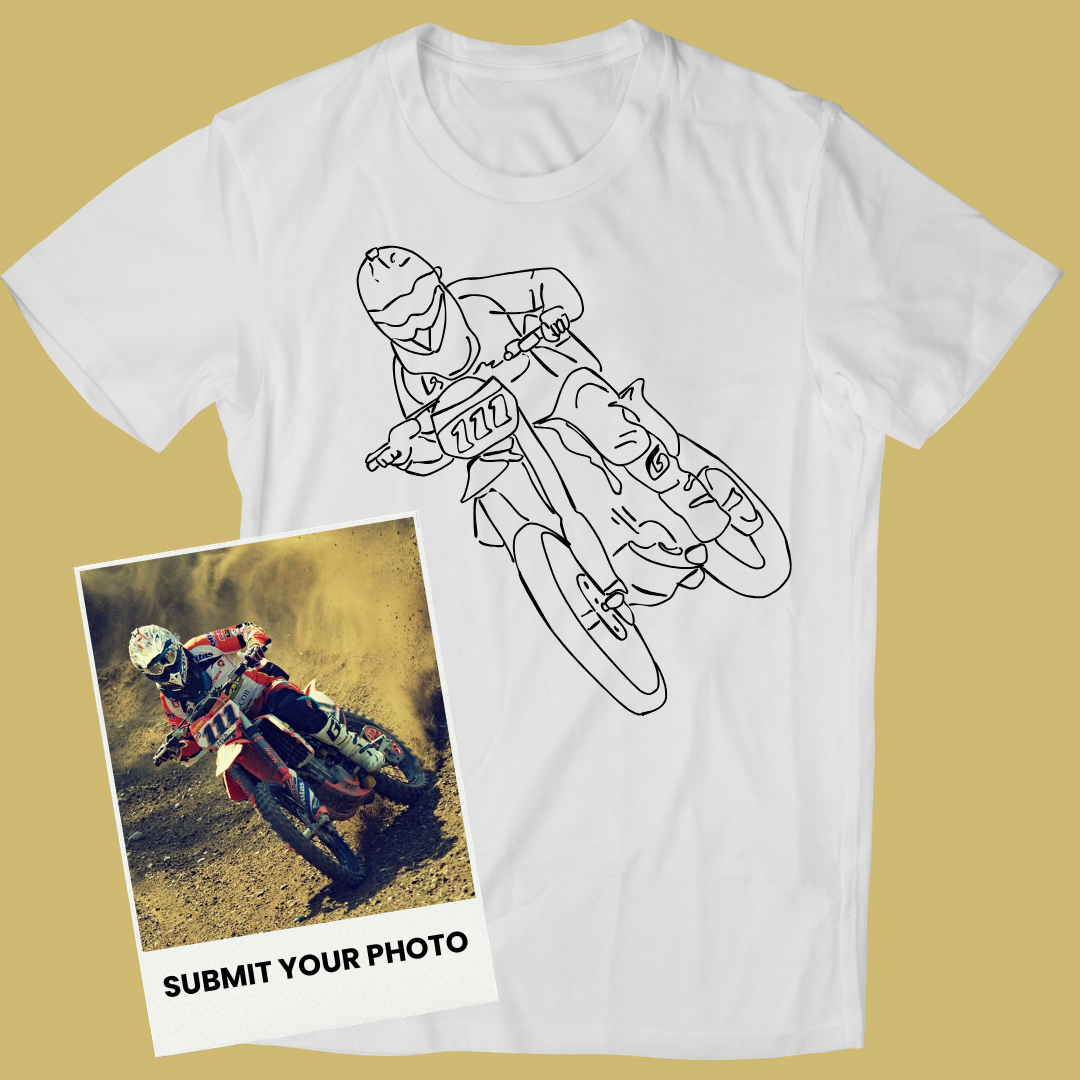 White short-sleeve t-shirt with a custom, handdrawn black line art graphic of a motocross rider on a dirt bike, shown on a mustard yellow background with an inset photo of the original motorcross photo.