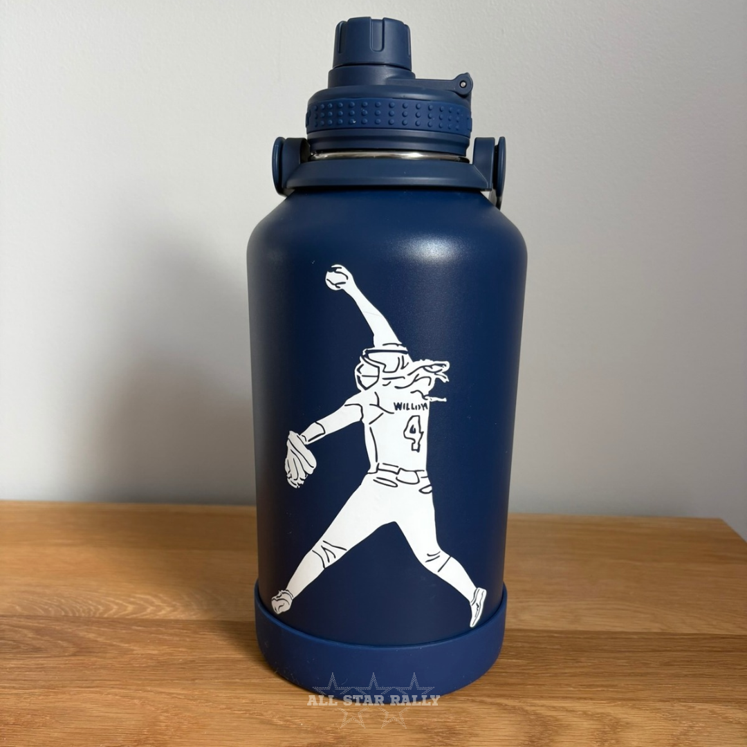 Custom white silhouette decal of fastpitch softball pitcher applied to large blue water bottle.