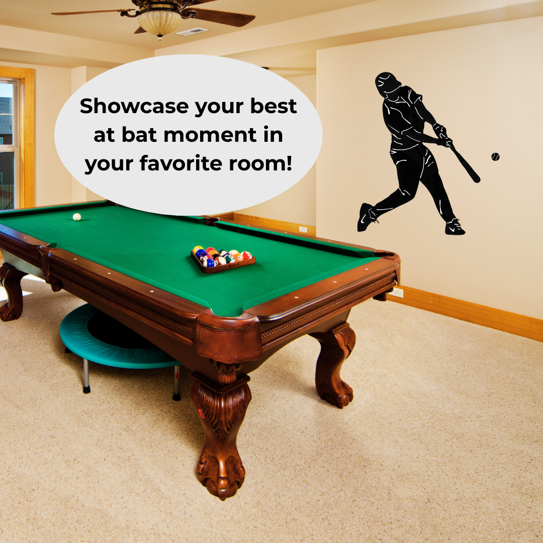Custom silhouette wall decal of a baseball player batting is shown on a beige wall in a room with a green pool table. A speech bubble reads, 'Showcase your best at bat moment in your favorite room!'