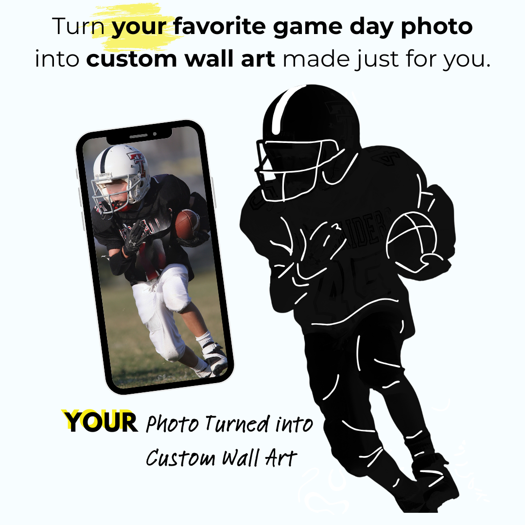 Graphic of a smartphone with a photo of a young football player on the screen and a custom wall art depicting the same young football player. At the top of the graphic is text "Turn your favorite game day photo into custom wall art made just for you."