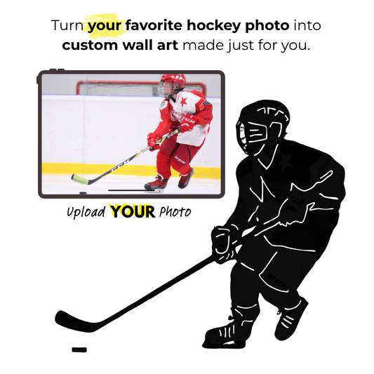 Custom wall art silhouette of a hockey player designed from an original photo shown inside a frame with text reading 'Turn your favorite hockey photo into custom wall art made just for you.' and 'Upload YOUR Photo'.
