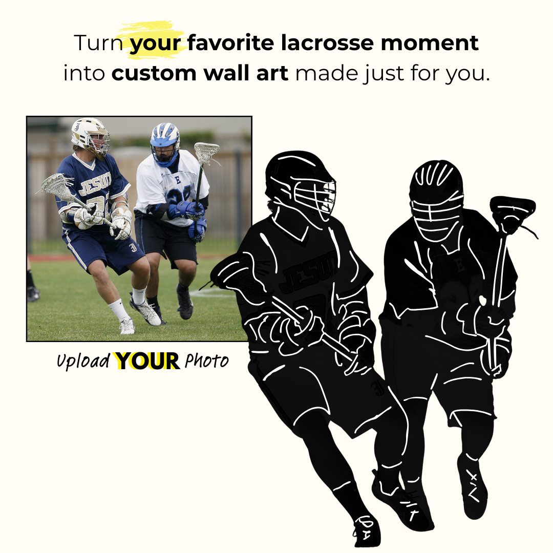 Graphic depicting product offering for custom wall art of lacrosse players with an inset of two lacrosse players in a game and a black-and-white silhouette of those same players with text reading 'Turn your favorite lacrosse moment into custom wall art made just for you' and 'Upload YOUR Photo'.