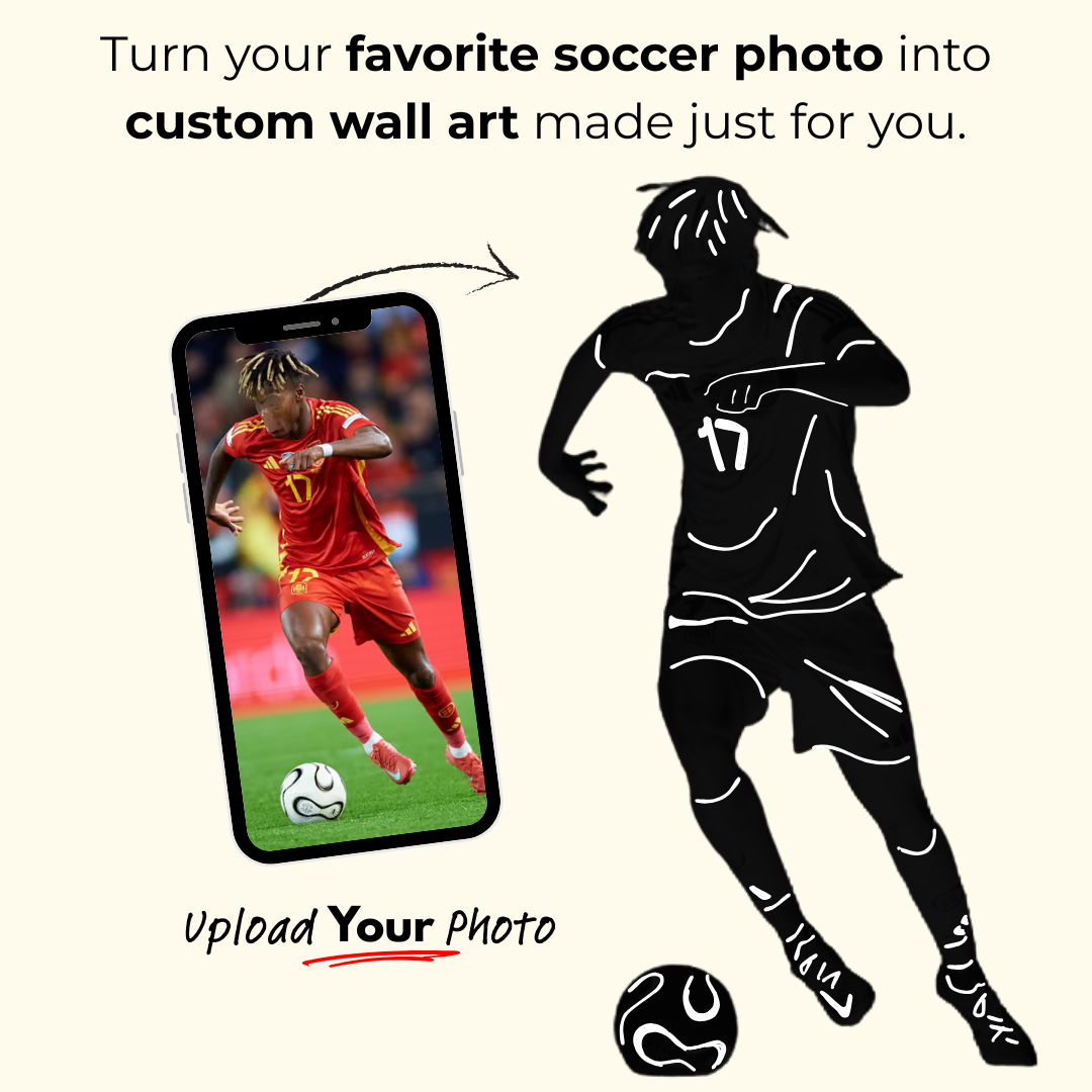 Custom wall art service graphic showing a smartphone with a soccer player photo and a black silhouette of the same player, with the following text: 'Turn your favorite game photo into custom wall art made just for you' and 'Upload Your Photo'.