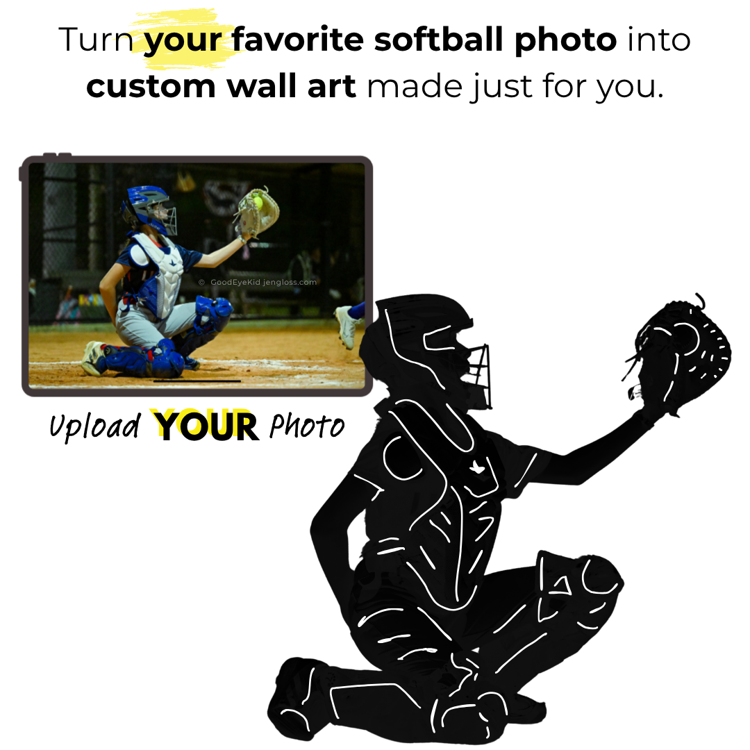 Graphic illustrating custom wall art product with an original softball player photo on the left and a black silhouette catcher on the right, with text reading 'Turn your favorite softball photo into custom wall art made just for you' and 'Upload YOUR Photo'.