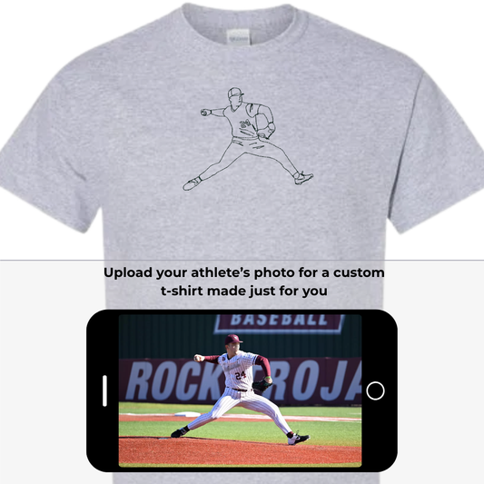 Custom baseball mom t-shirt with an embroidered baseball pitcher designed from a photo. Inset of a smartphone with the original player photo on the screen.