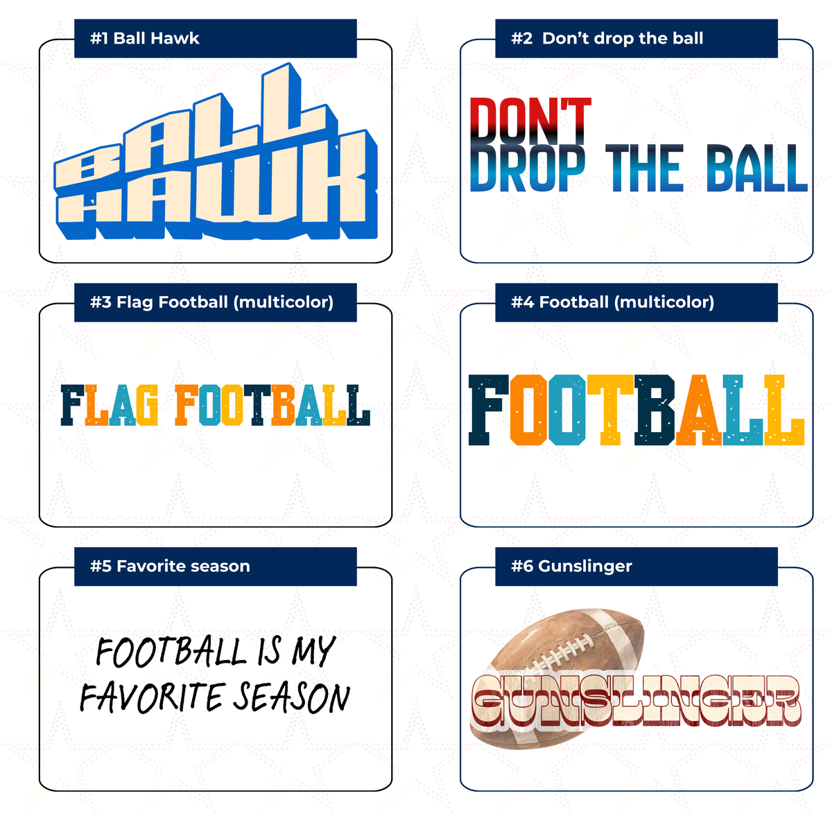 Grid of six multi-color football stickers, including "ball hawk", "football is my favorite season", and "gunslinger".