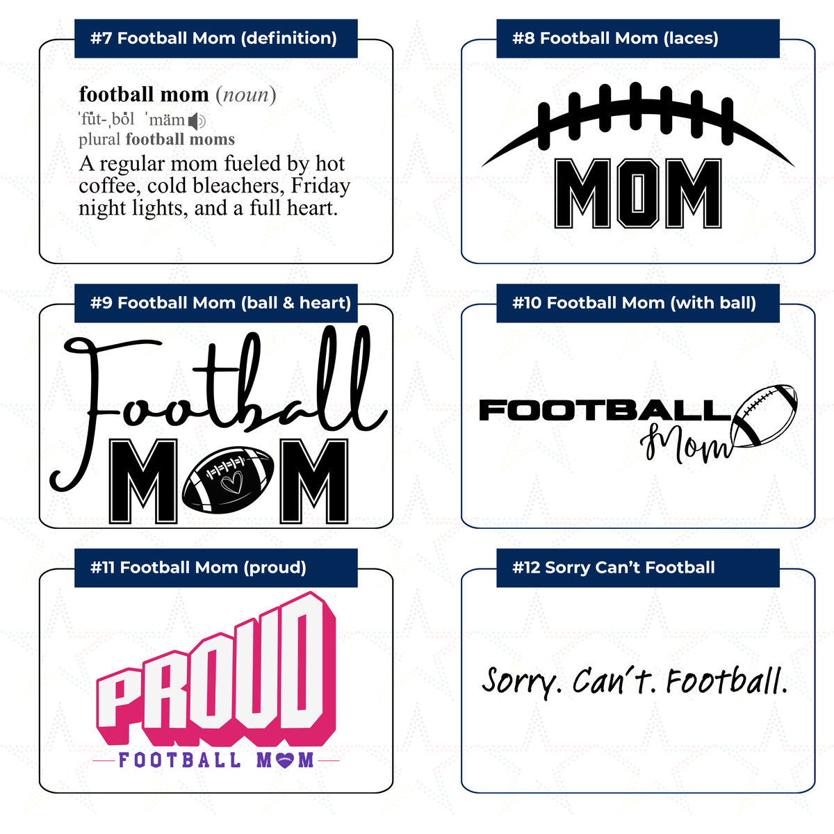 Grid of six premium football mom stickers
