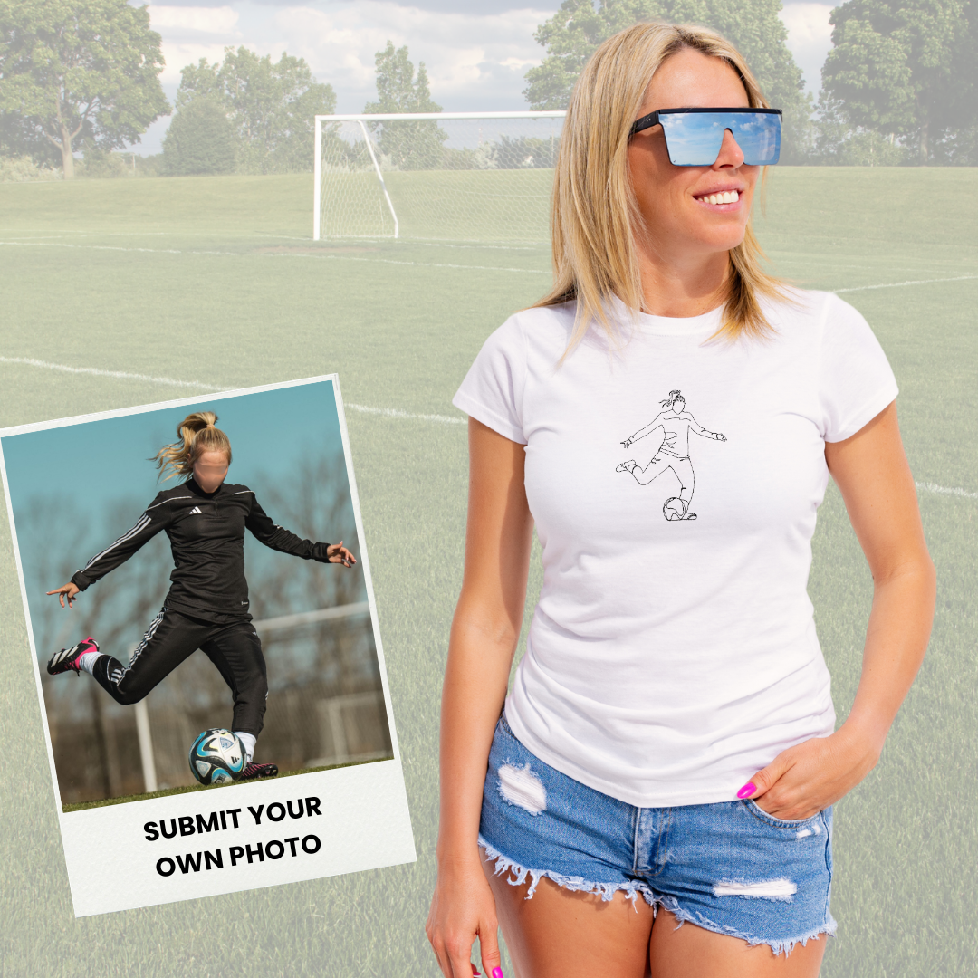 Woman in sunglasses wearing a custom-designed t-shirt with an embroidered design based on an original photo.