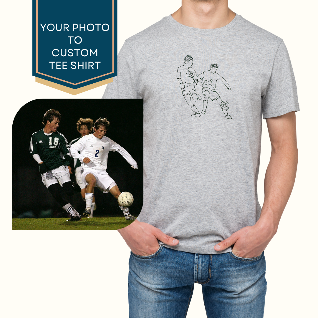 Custom embroidered grey t-shirt with the design of two men playing soccer and original photo of the soccer game