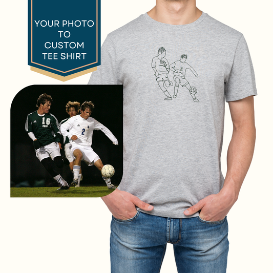 Custom embroidered grey t-shirt with the design of two men playing soccer and original photo of the soccer game