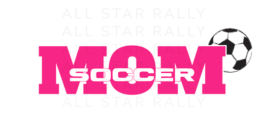 Soccer mom sticker with bright pink "Mom" in background and "soccer" in white.