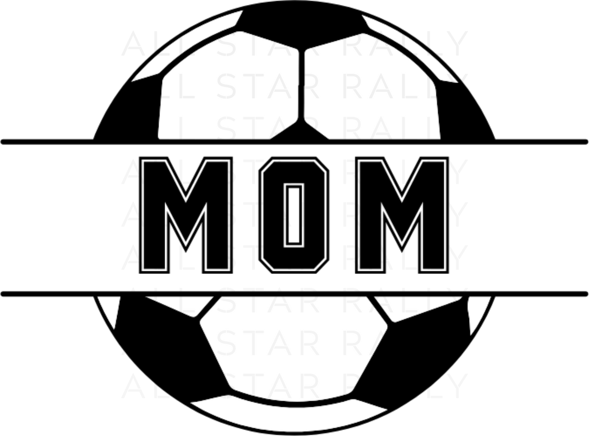 Soccer ball sticker with a soccer ball motif and the word 'MOM' in bold varsity-style letters across the center.