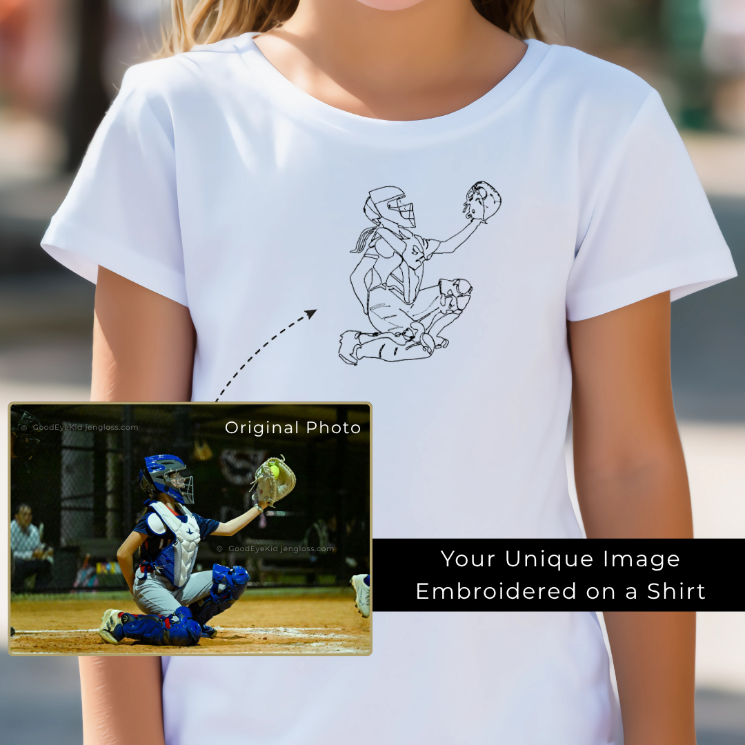 A young girl wearing a white short-sleeve T-shirt with an embroidered line-art catcher graphic on the chest. An inset shows a softball player photo labeled 'Original Photo,' with text reading 'Your Unique Image Embroidered on a Shirt.
