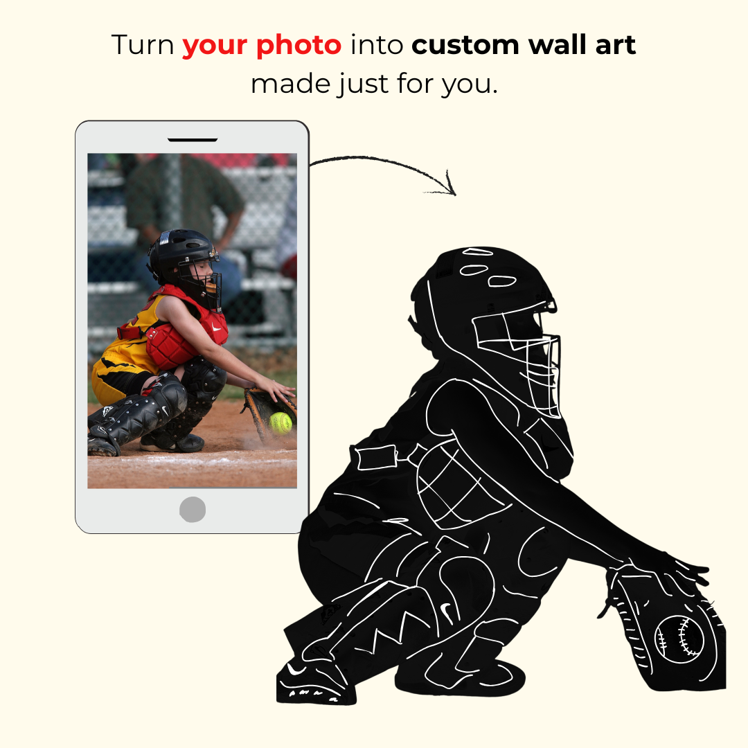 Graphic illustrating custom wall art product, showing a smartphone with an image of a youth softball catcher and a black silhouette of the same image and text stating 'Turn your photo into custom wall art made just for you.'