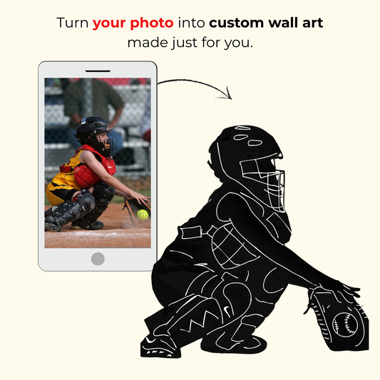 Graphic illustrating custom wall art product, showing a smartphone with an image of a youth softball catcher and a black silhouette of the same image and text stating 'Turn your photo into custom wall art made just for you.'