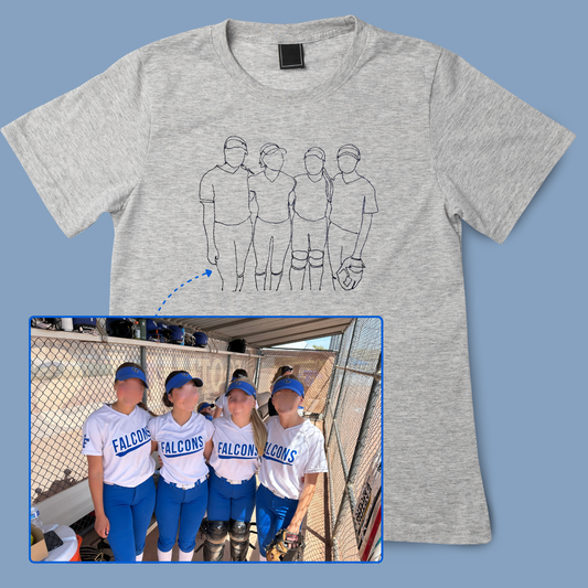 A grey t-shirt with an embroidered design based on the original photo of four softball teammates in the dugout.