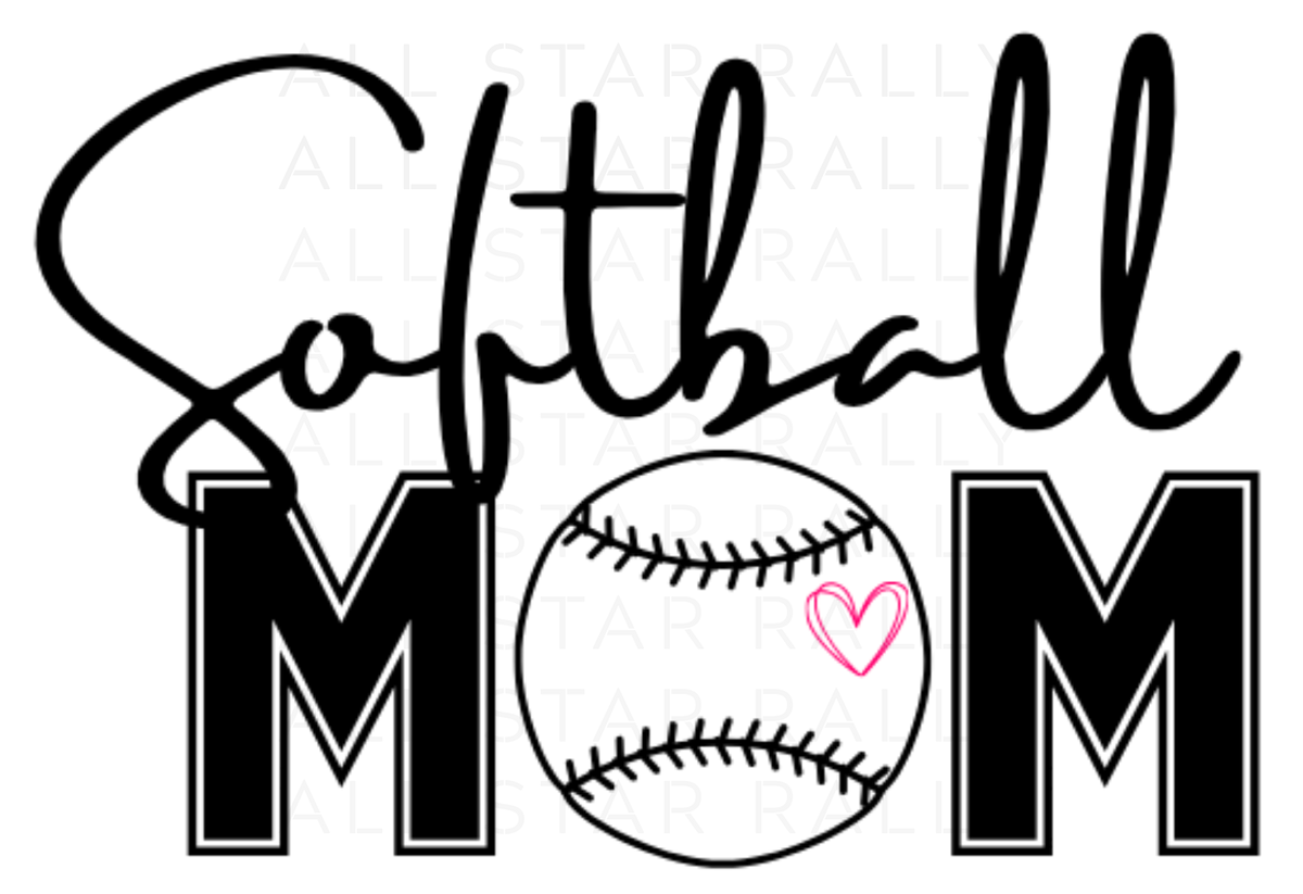 Softball mom sticker with pink heart inside softball graphic.