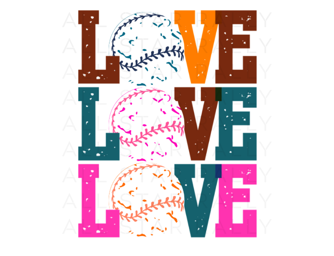 Softball sticker with three stacked multicolored texts of "Love" with a softball replacing the "o".