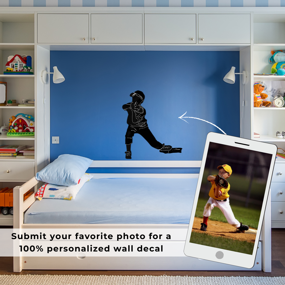 Promotional graphic for custom wall art showing a smartphone with an image of a baseball player and an arrow pointing to a black silhouette wall art design of the same player, with text reading 'Turn your photo into custom wall art made just for you.'